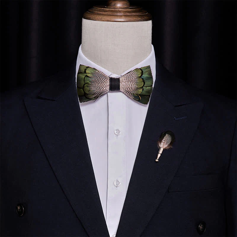 Green & White Mallard Duck Feather Bow Tie with Lapel Pin - Image 2
