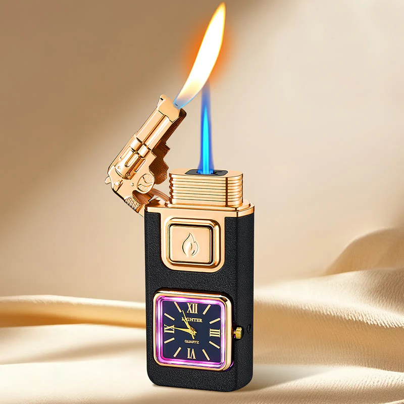 Gun-Shaped LED Inflatable Butane Lighter With Clock