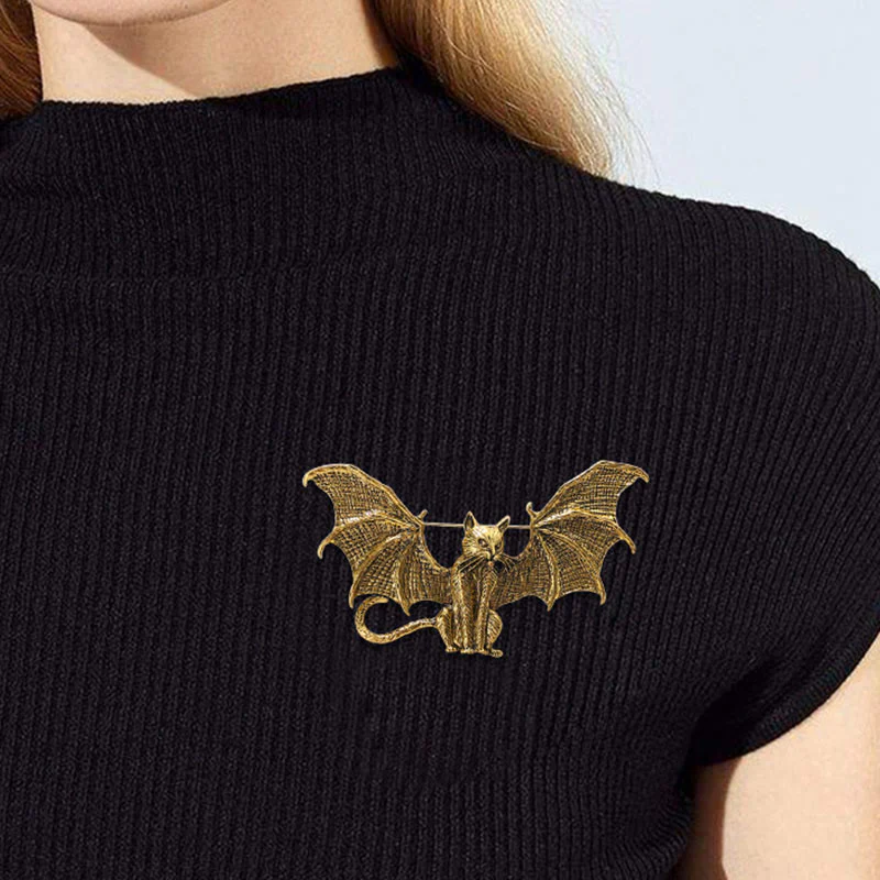 Halloween Gold & Silver Winged Cat Shaped Brooch Accessory - Image 2