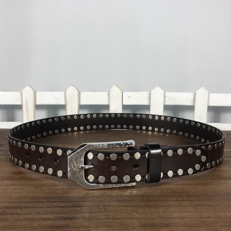 Hammer Buckle Two Rows Rivets Studs Leather Belt - Image 10