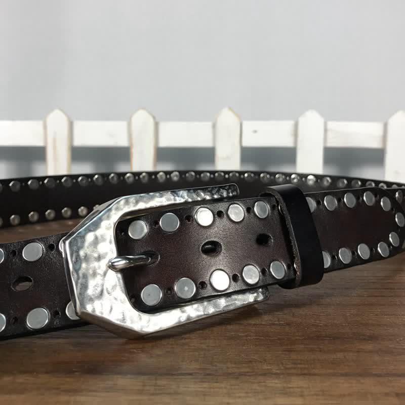 Hammer Buckle Two Rows Rivets Studs Leather Belt - Image 11