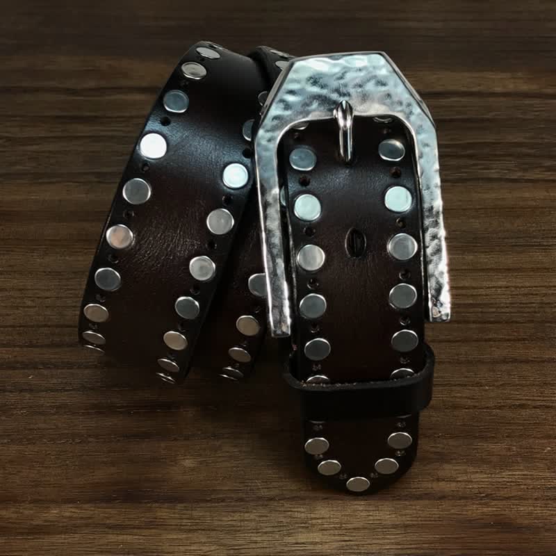 Hammer Buckle Two Rows Rivets Studs Leather Belt - Image 12