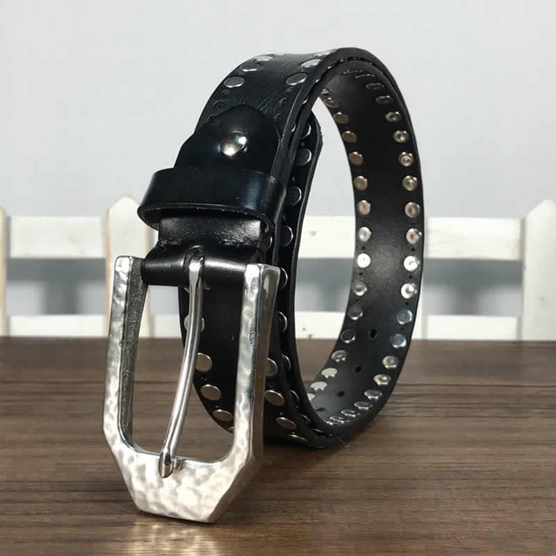 Hammer Buckle Two Rows Rivets Studs Leather Belt - Image 2