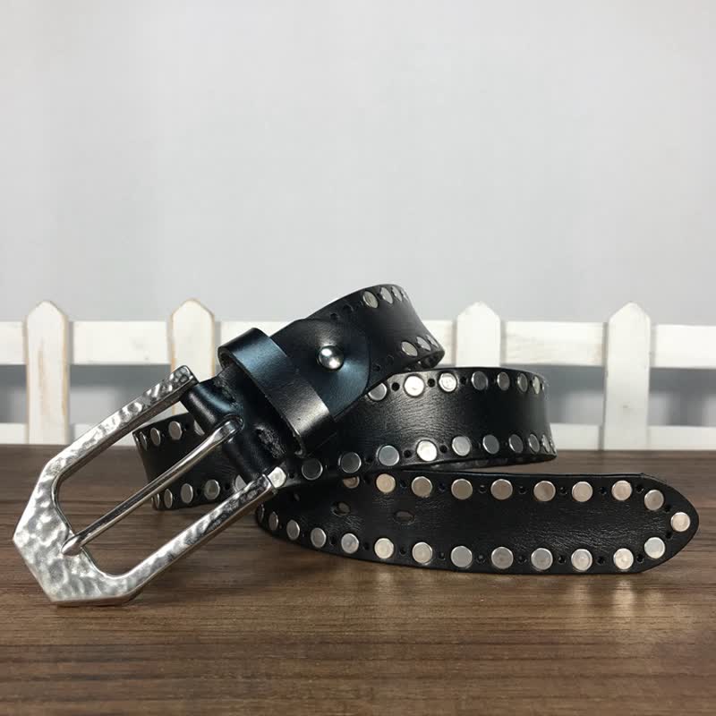 Hammer Buckle Two Rows Rivets Studs Leather Belt - Image 3
