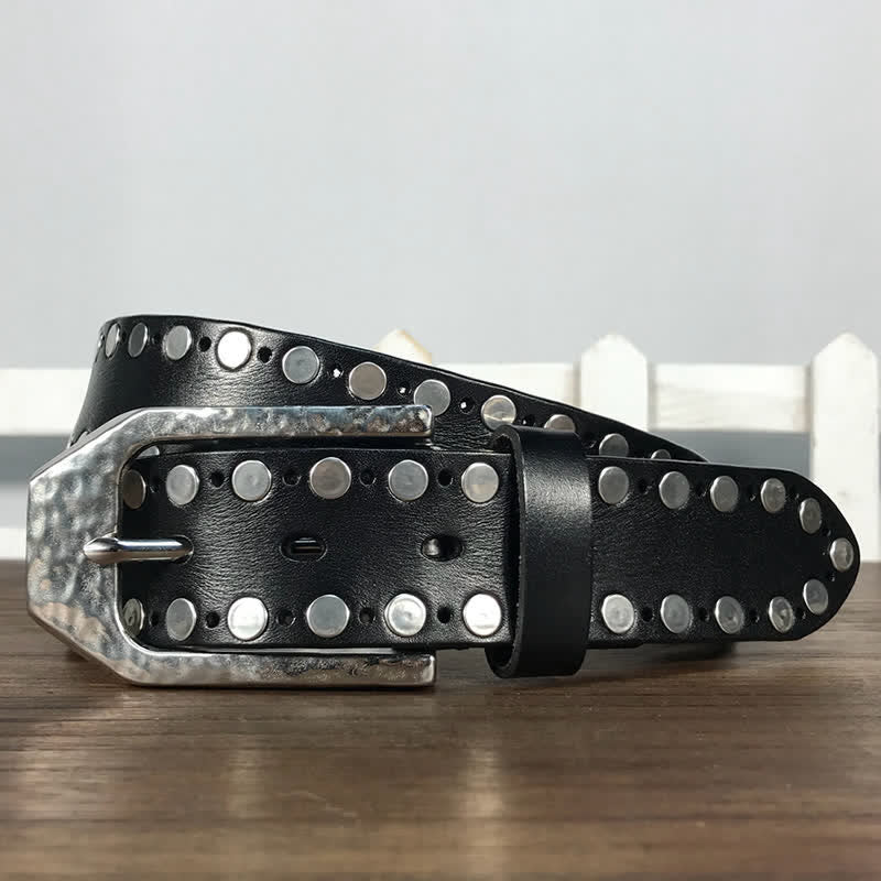 Hammer Buckle Two Rows Rivets Studs Leather Belt - Image 4
