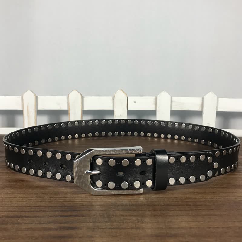 Hammer Buckle Two Rows Rivets Studs Leather Belt - Image 5