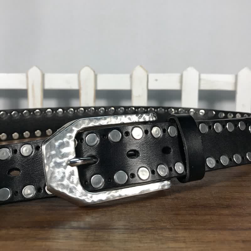 Hammer Buckle Two Rows Rivets Studs Leather Belt - Image 6