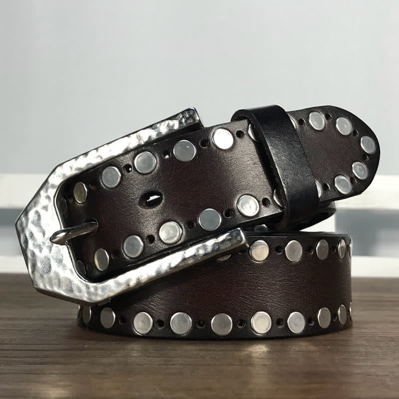 Hammer Buckle Two Rows Rivets Studs Leather Belt - Image 7