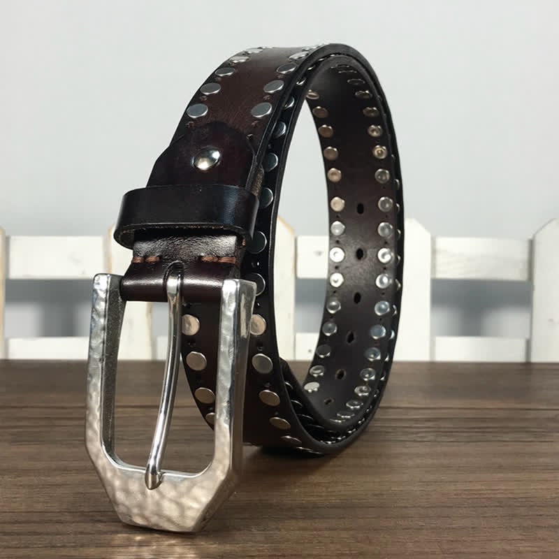 Hammer Buckle Two Rows Rivets Studs Leather Belt - Image 8