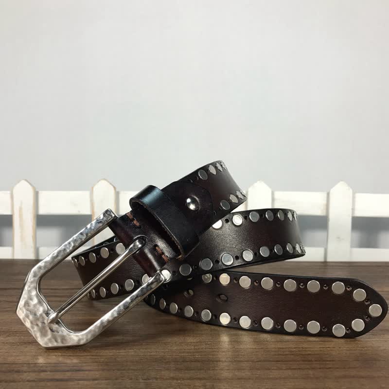 Hammer Buckle Two Rows Rivets Studs Leather Belt - Image 9
