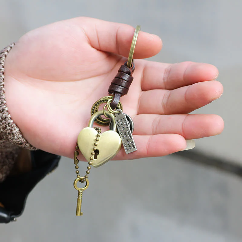 Heart Shaped Lock & Key Leather Keychain - Image 2