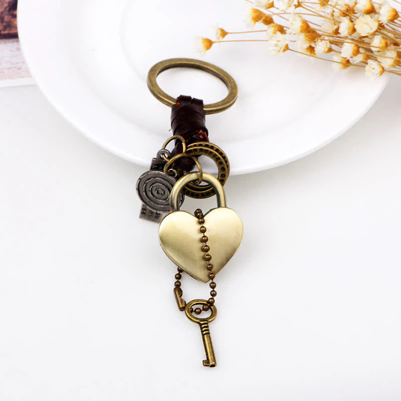 Heart Shaped Lock & Key Leather Keychain - Image 3