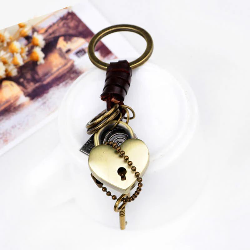 Heart Shaped Lock & Key Leather Keychain - Image 4