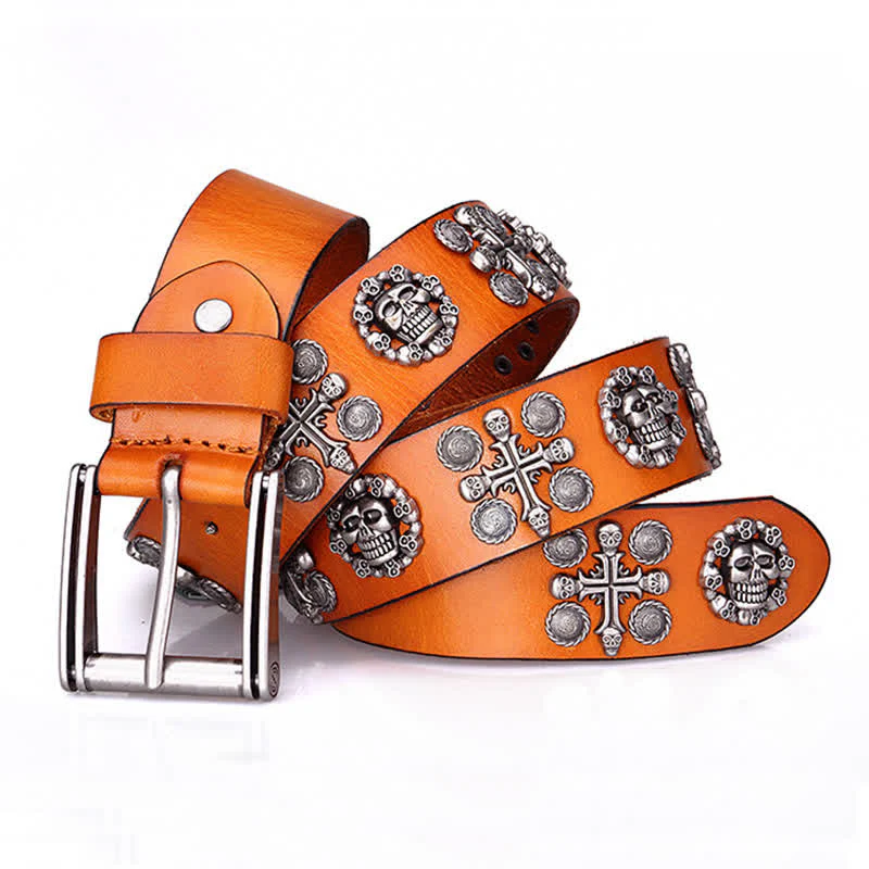Heavy Metal Rivet Skull Cross Pattern Leather Belt - Image 18