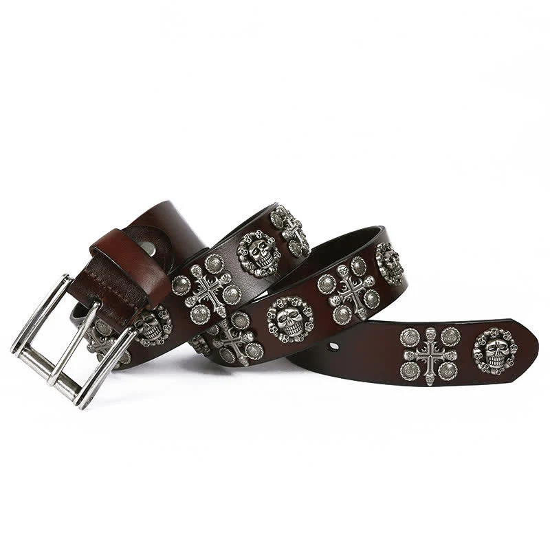 Heavy Metal Rivet Skull Cross Pattern Leather Belt - Image 25