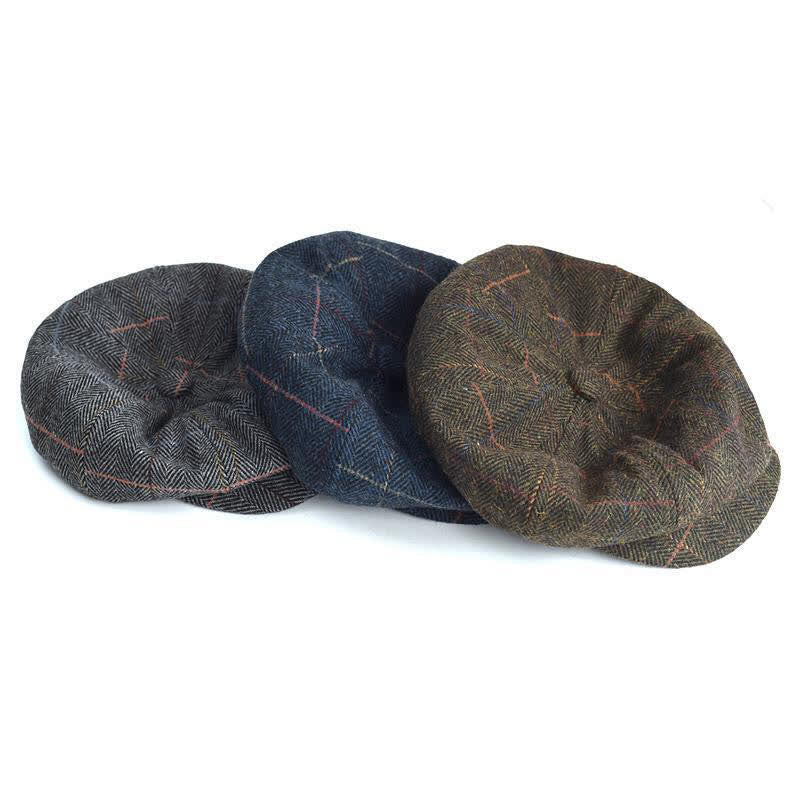 Herringbone & Plaid Warm Wool Blend Octagonal Beret Hat - Image 3