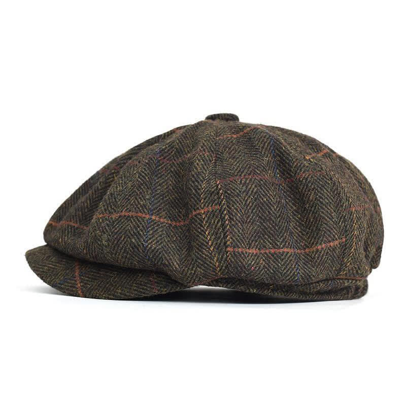 Herringbone & Plaid Warm Wool Blend Octagonal Beret Hat - Image 5