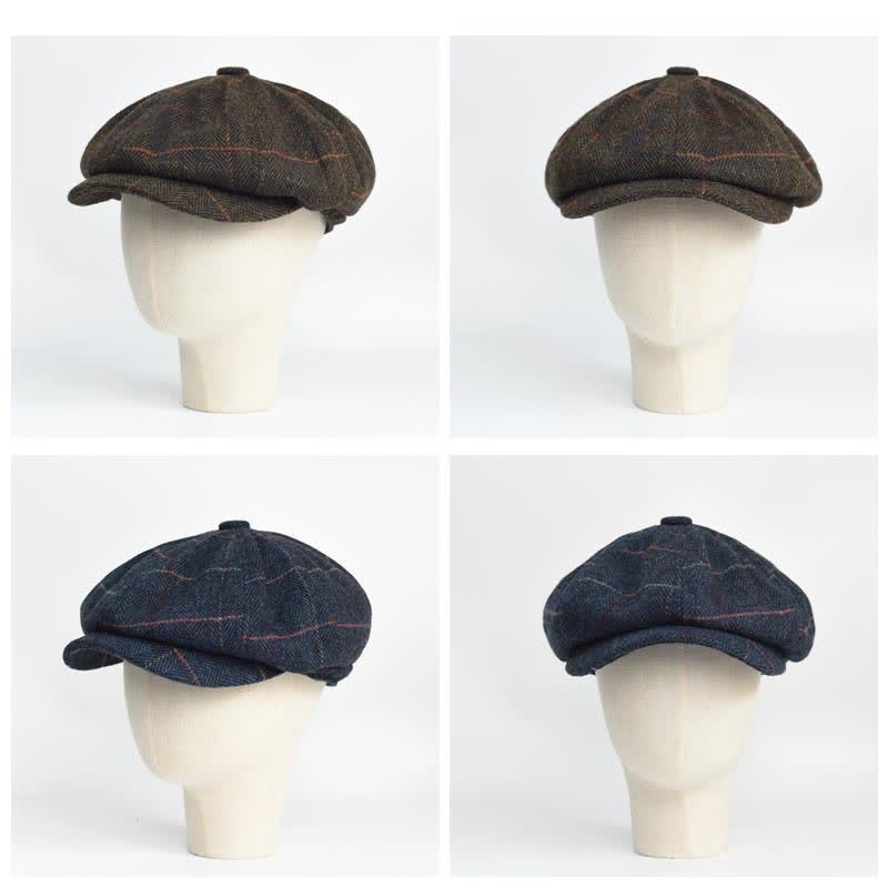 Herringbone & Plaid Warm Wool Blend Octagonal Beret Hat - Image 7