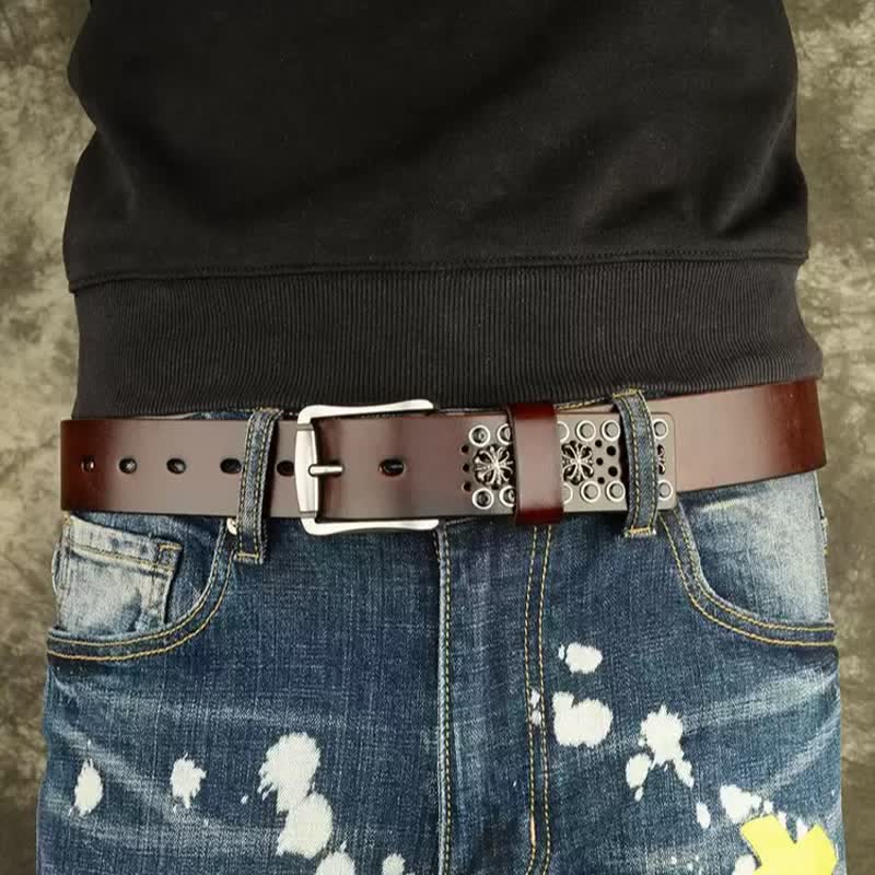 Hip-Hop Hollow Flower Vintage Studded Leather Belt - Image 2