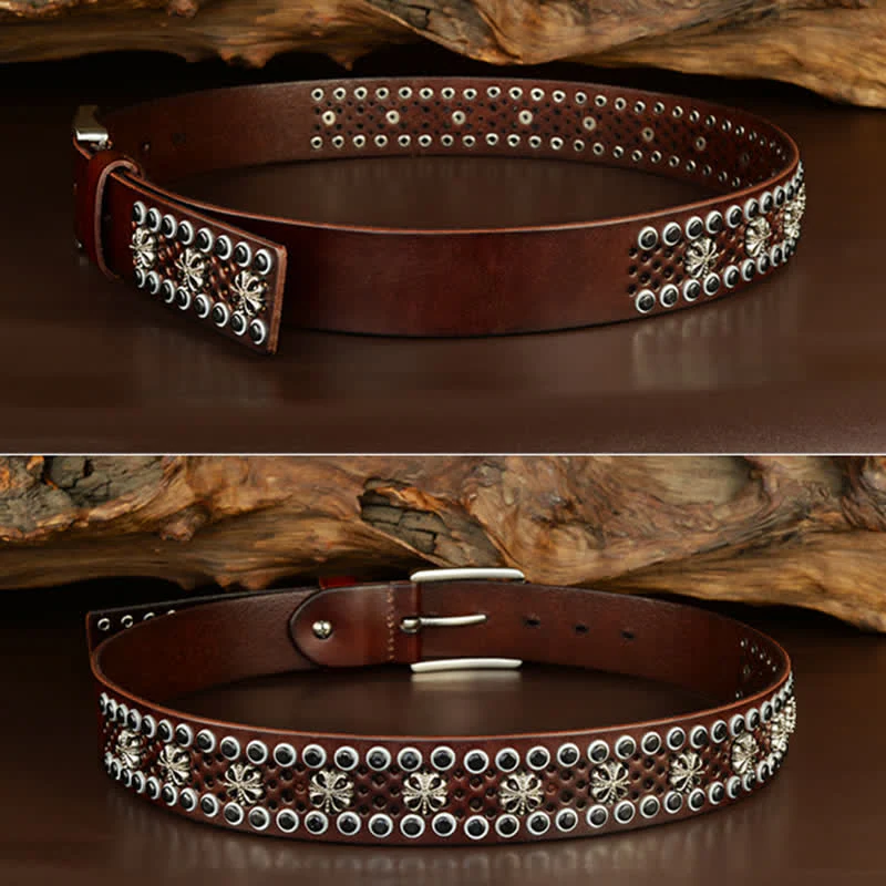 Hip-Hop Hollow Flower Vintage Studded Leather Belt - Image 4