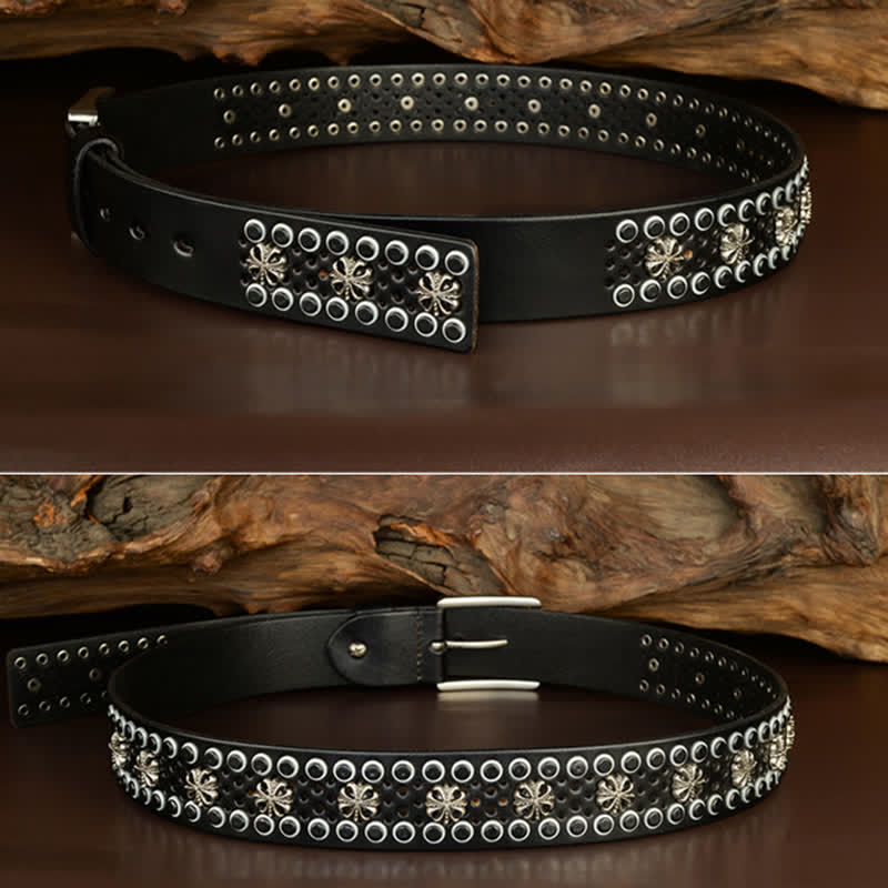 Hip-Hop Hollow Flower Vintage Studded Leather Belt - Image 7