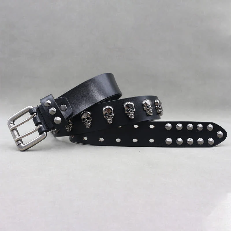 Hip Hop Skull Rivets Double Pin Leather Belt - Image 3