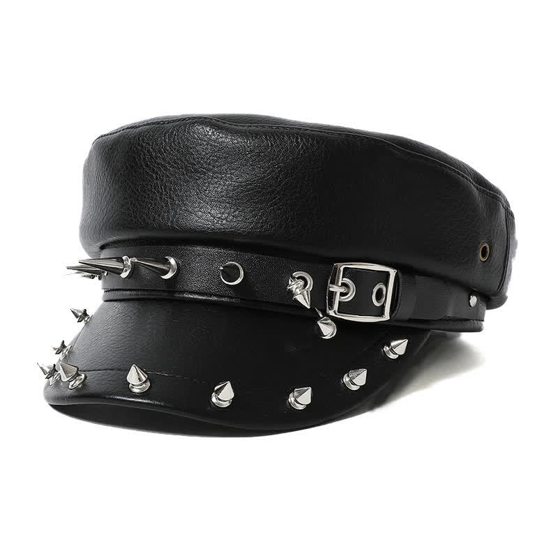 Hip-Hop Style Heart Studded Rivet Black Leather Beret Hat - Image 2