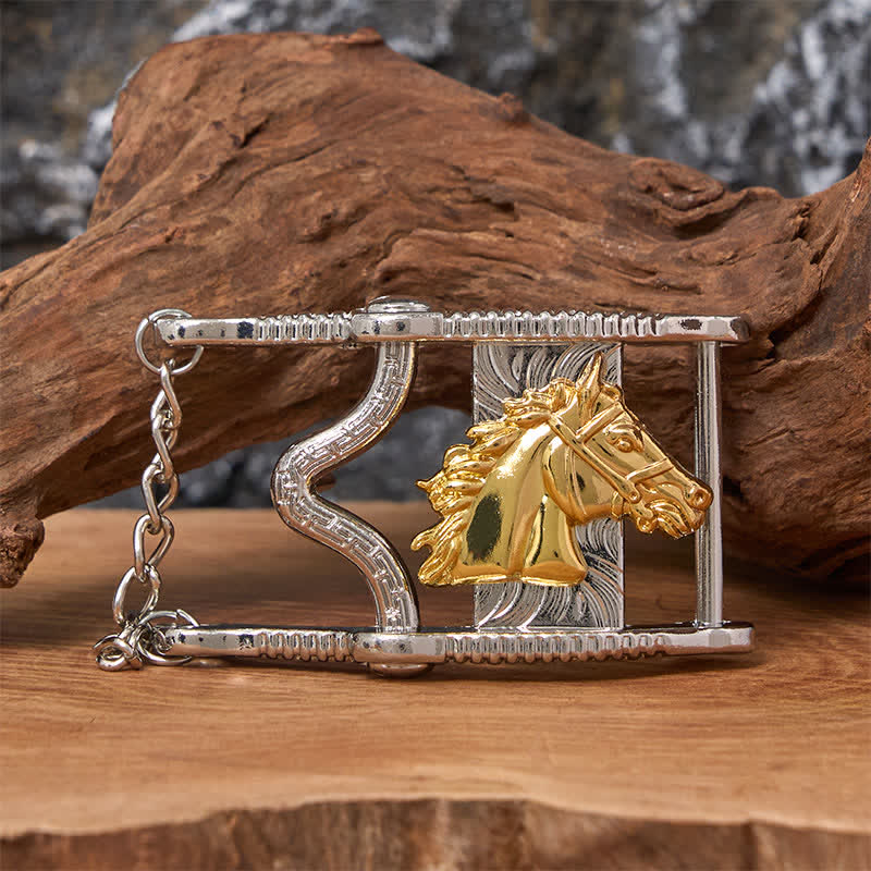 Hollow Out Gold & Silver Horse Head Buckle Leather Belt