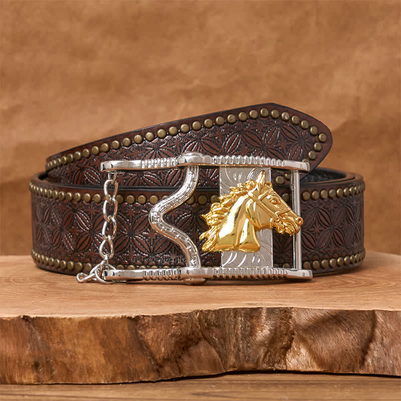 Hollow Out Gold & Silver Horse Head Buckle Leather Belt - Image 5