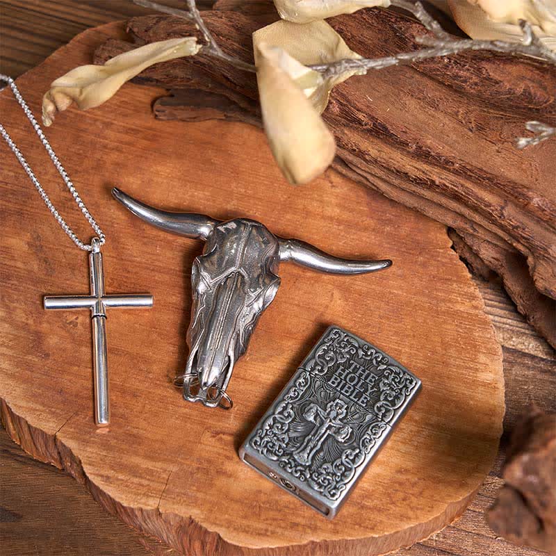 Holy Bible Lighter Longhorn Bull Pendant Cross Necklace Bundle Set - Image 2