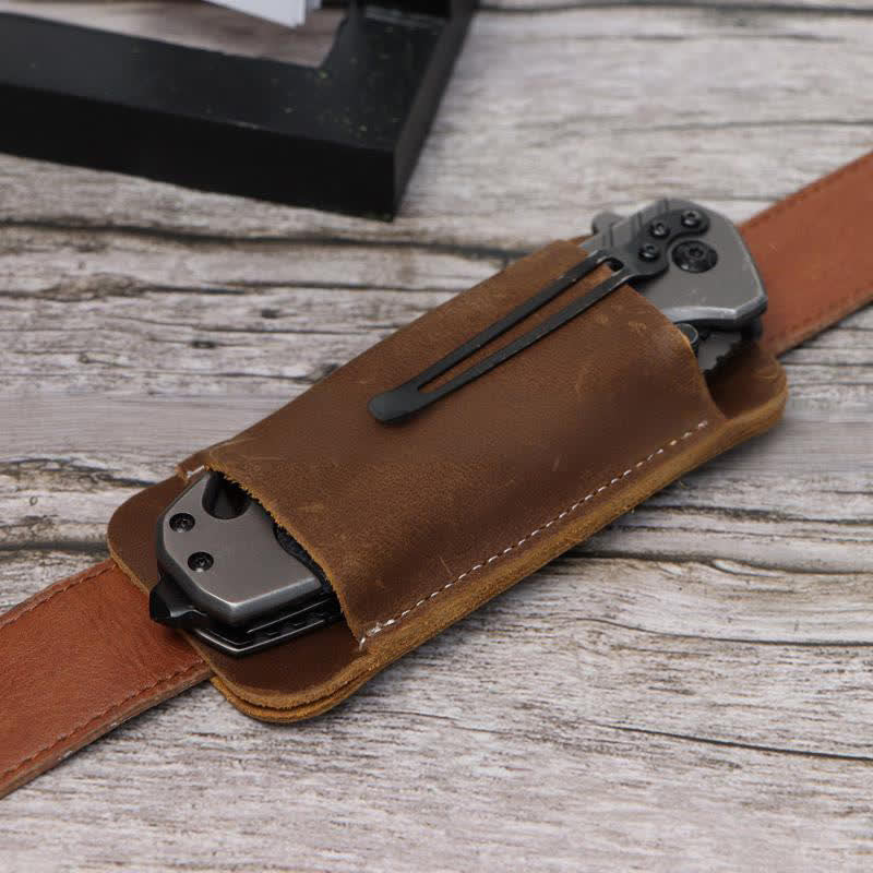 Horizontal Open Bottom Folding Knife Sheath Leather Belt Bag