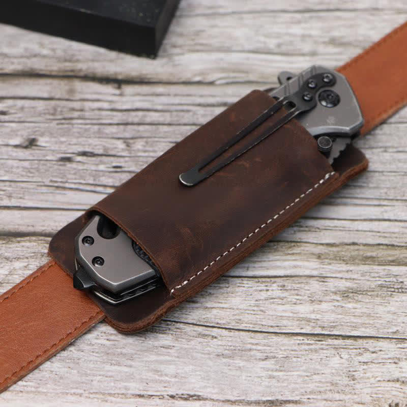 Horizontal Open Bottom Folding Knife Sheath Leather Belt Bag - Image 11