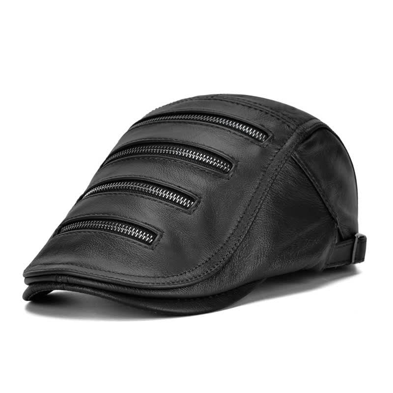 Horizontal Zipper Decoration Leather Beret Hat - Image 13