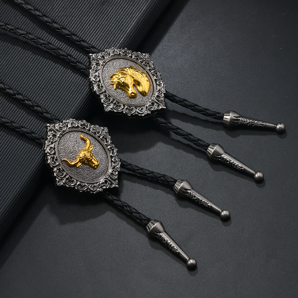 Horse And Bull Head Emblem Vintage Carved Metal Bolo Tie
