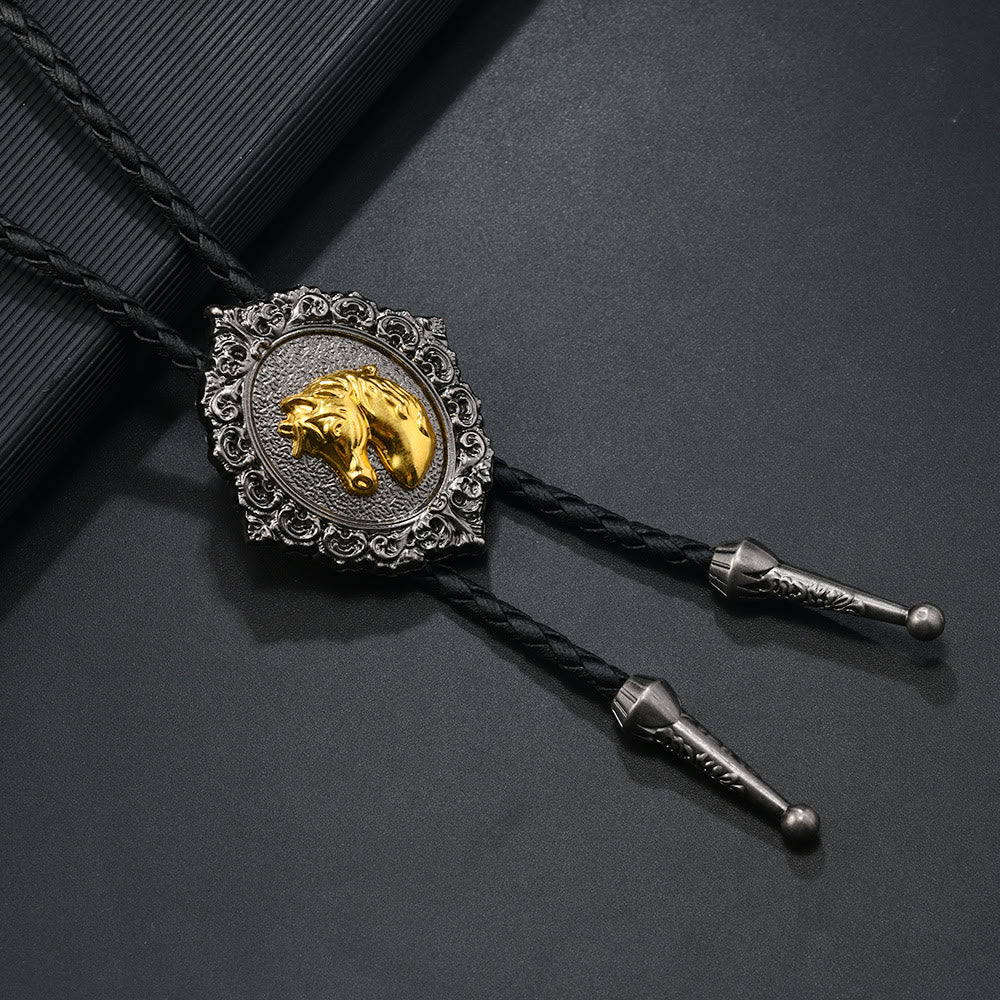 Horse And Bull Head Emblem Vintage Carved Metal Bolo Tie - Image 2