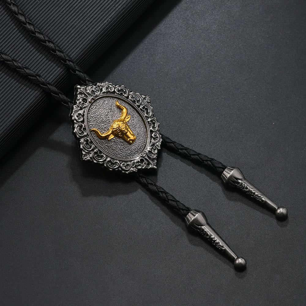 Horse And Bull Head Emblem Vintage Carved Metal Bolo Tie - Image 3