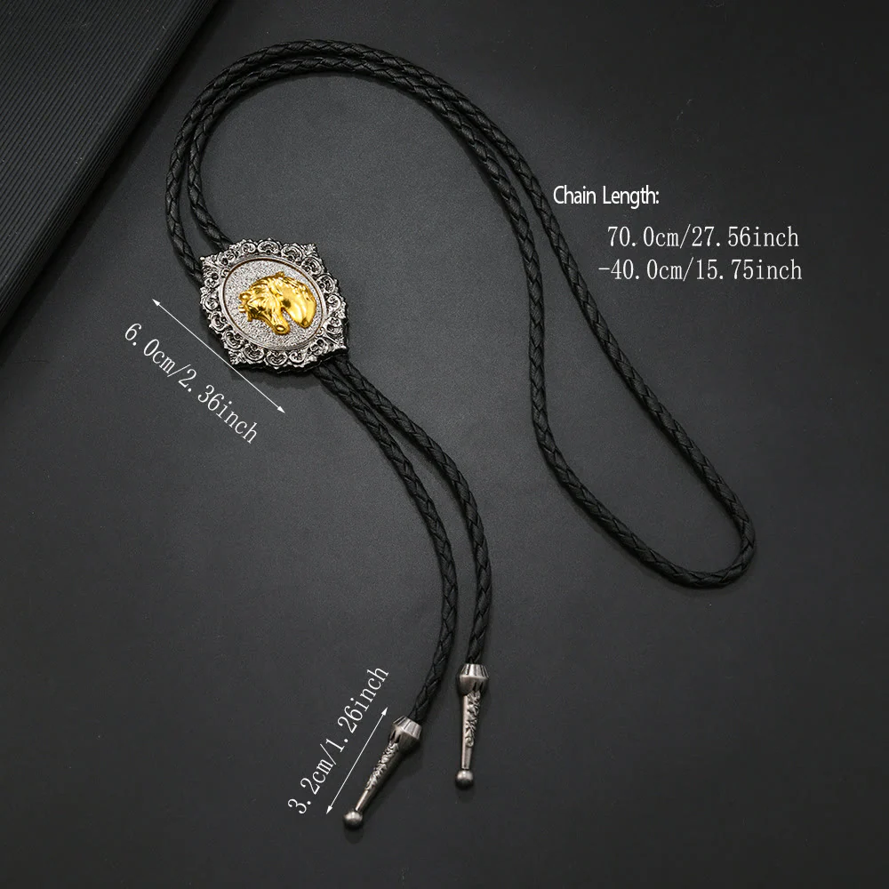 Horse And Bull Head Emblem Vintage Carved Metal Bolo Tie - Image 5