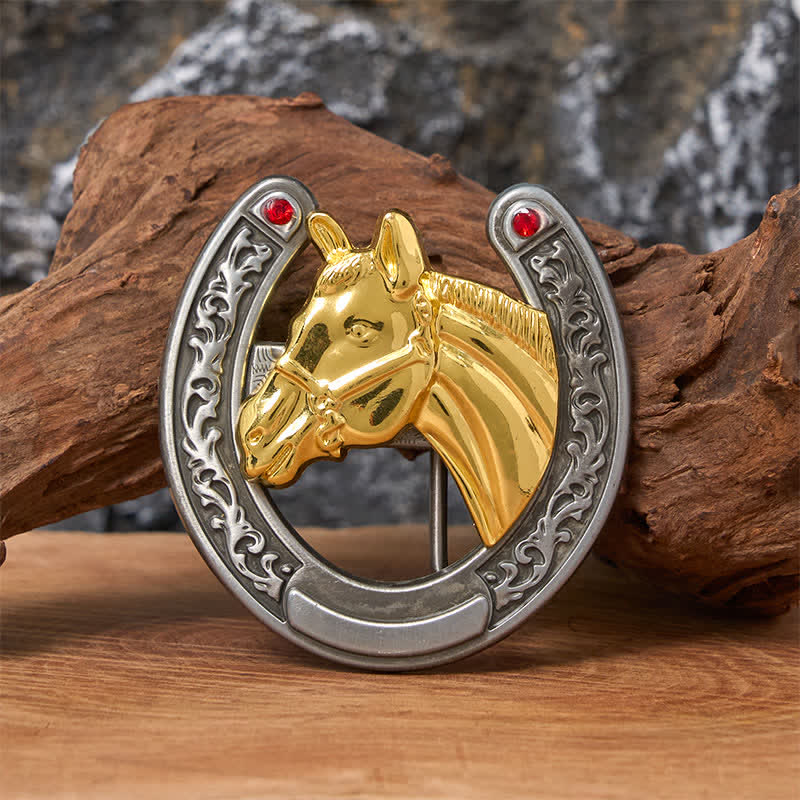 Horse Head & Horseshoe Shape Buckle Leather Belt