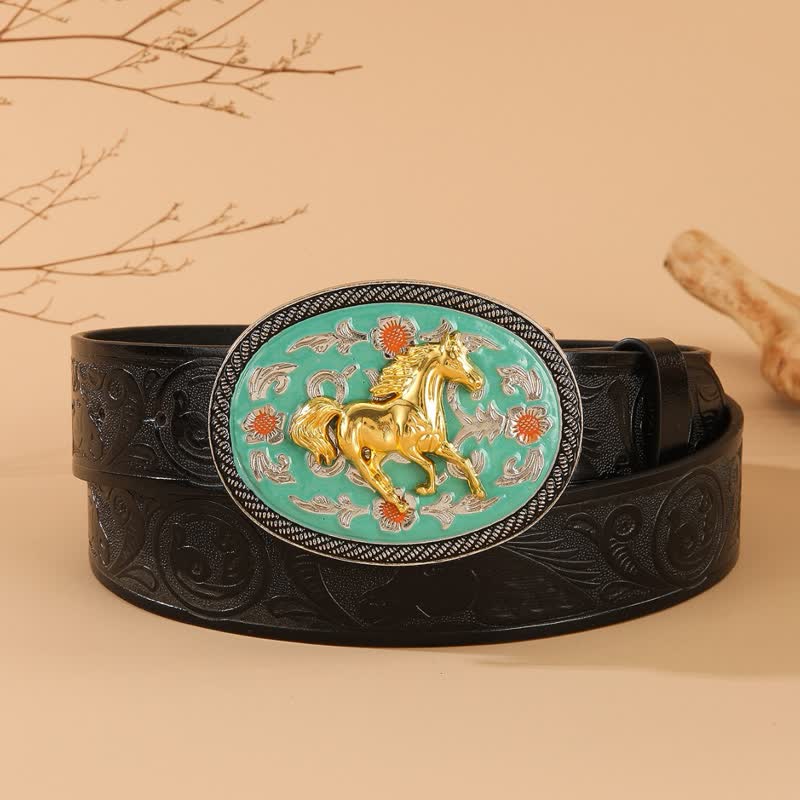 Horse Theme Turquoise-Tone Buckle Black Embossed Leather Belt