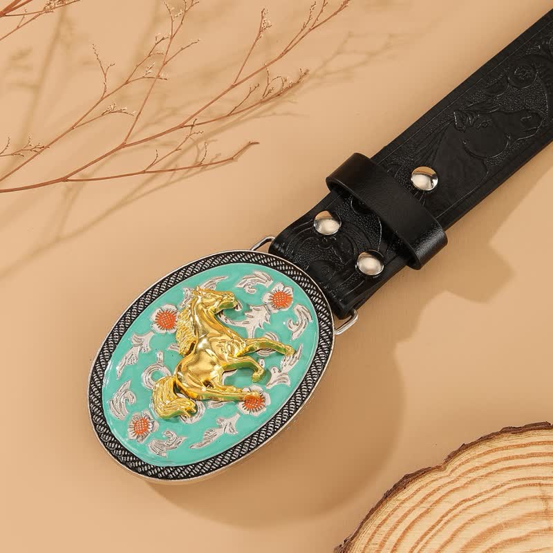 Horse Theme Turquoise-Tone Buckle Black Embossed Leather Belt - Image 2