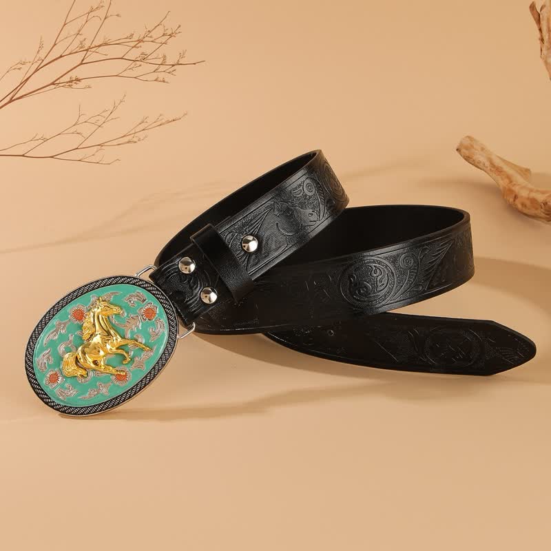 Horse Theme Turquoise-Tone Buckle Black Embossed Leather Belt - Image 3