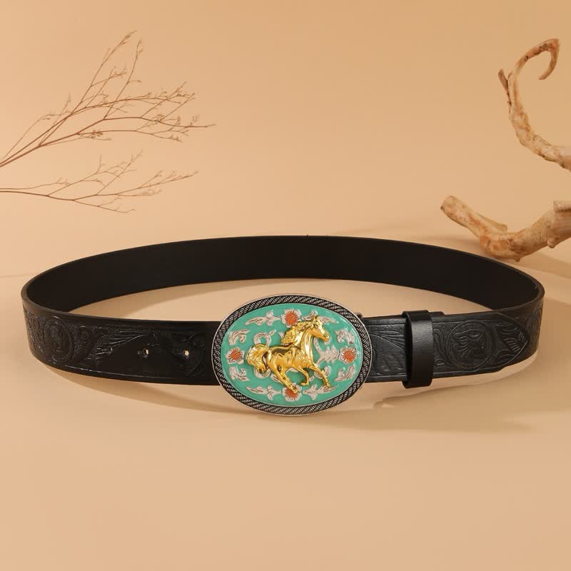 Horse Theme Turquoise-Tone Buckle Black Embossed Leather Belt - Image 4