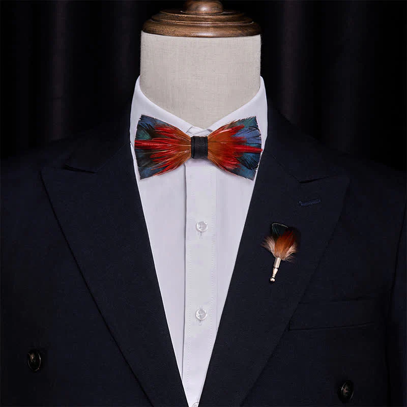 Hot Red & SteelBlue Feather Bow Tie with Lapel Pin - Image 2