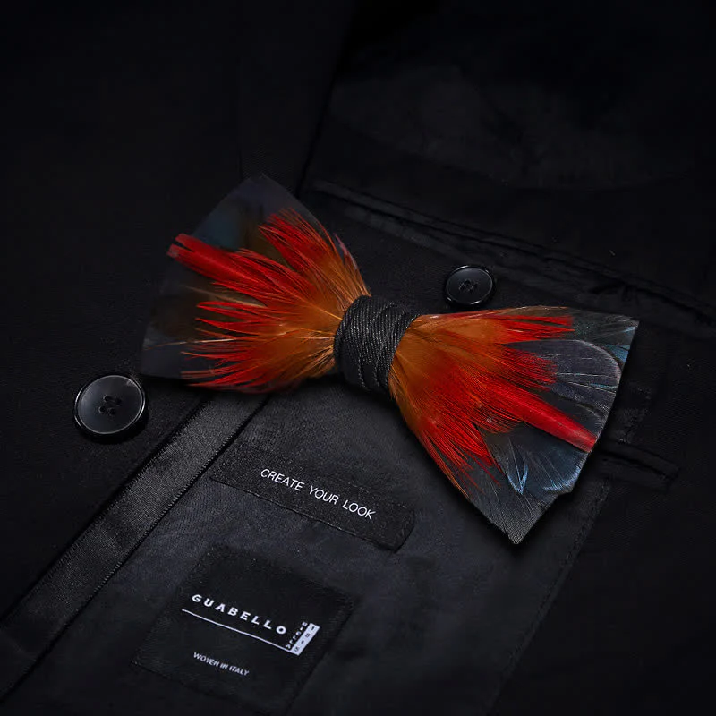Hot Red & SteelBlue Feather Bow Tie with Lapel Pin - Image 3