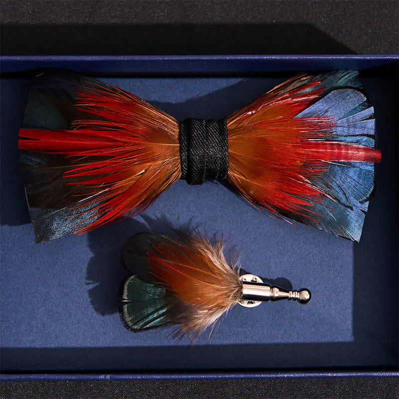 Hot Red & SteelBlue Feather Bow Tie with Lapel Pin - Image 4