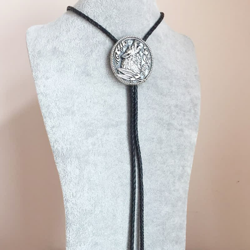 Howling Wolf Head Surrounding Leaves Bolo Tie - Image 3