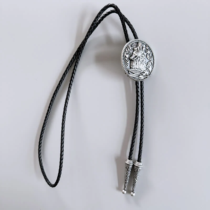 Howling Wolf Head Surrounding Leaves Bolo Tie - Image 6