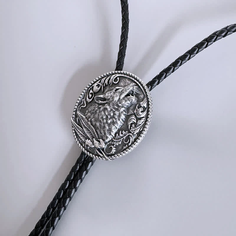 Howling Wolf Head Surrounding Leaves Bolo Tie - Image 8