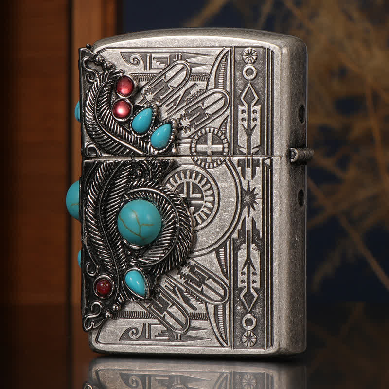 Indian Feather Blue Turquoise Refillable Kerosene Lighter - Image 3