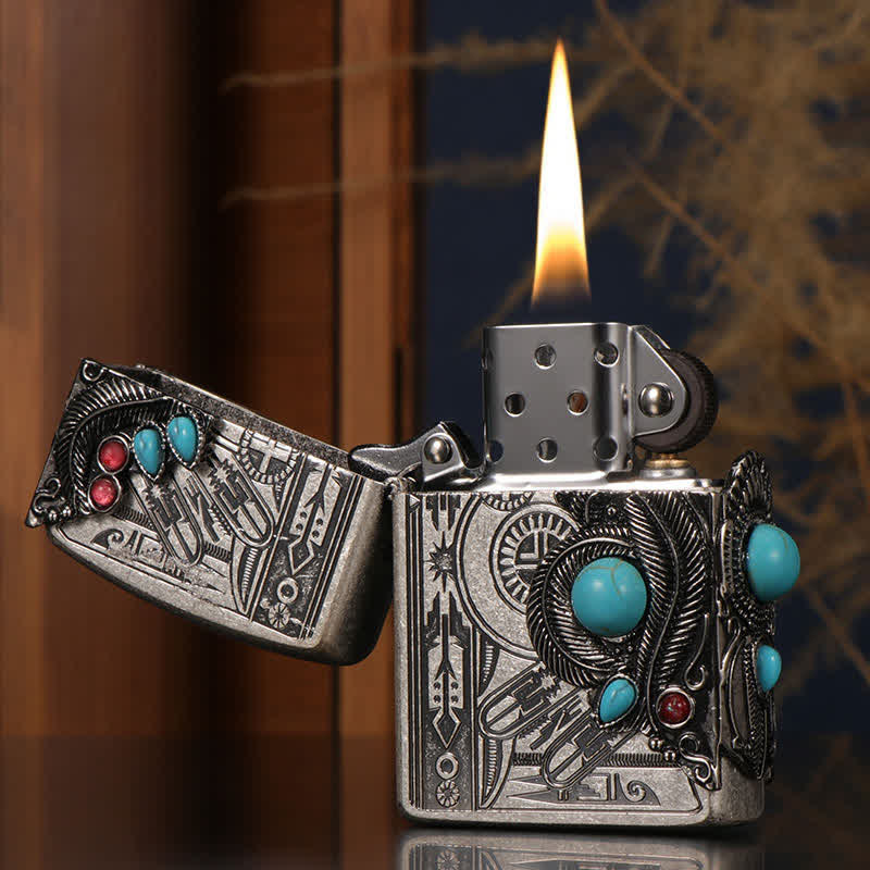 Indian Feather Blue Turquoise Refillable Kerosene Lighter - Image 4